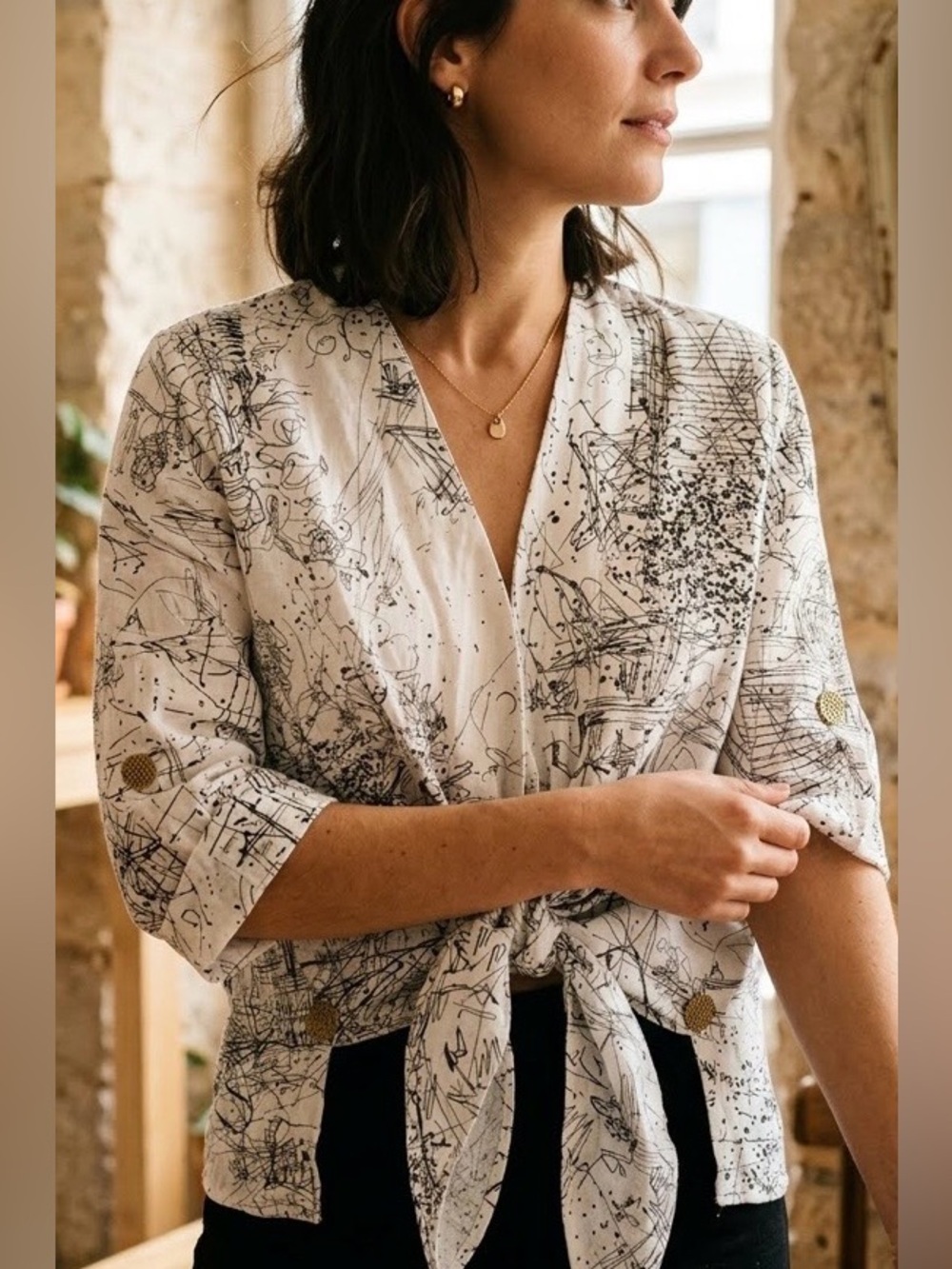 Tie-Front Abstract Sketch Print Blouse in White & Black